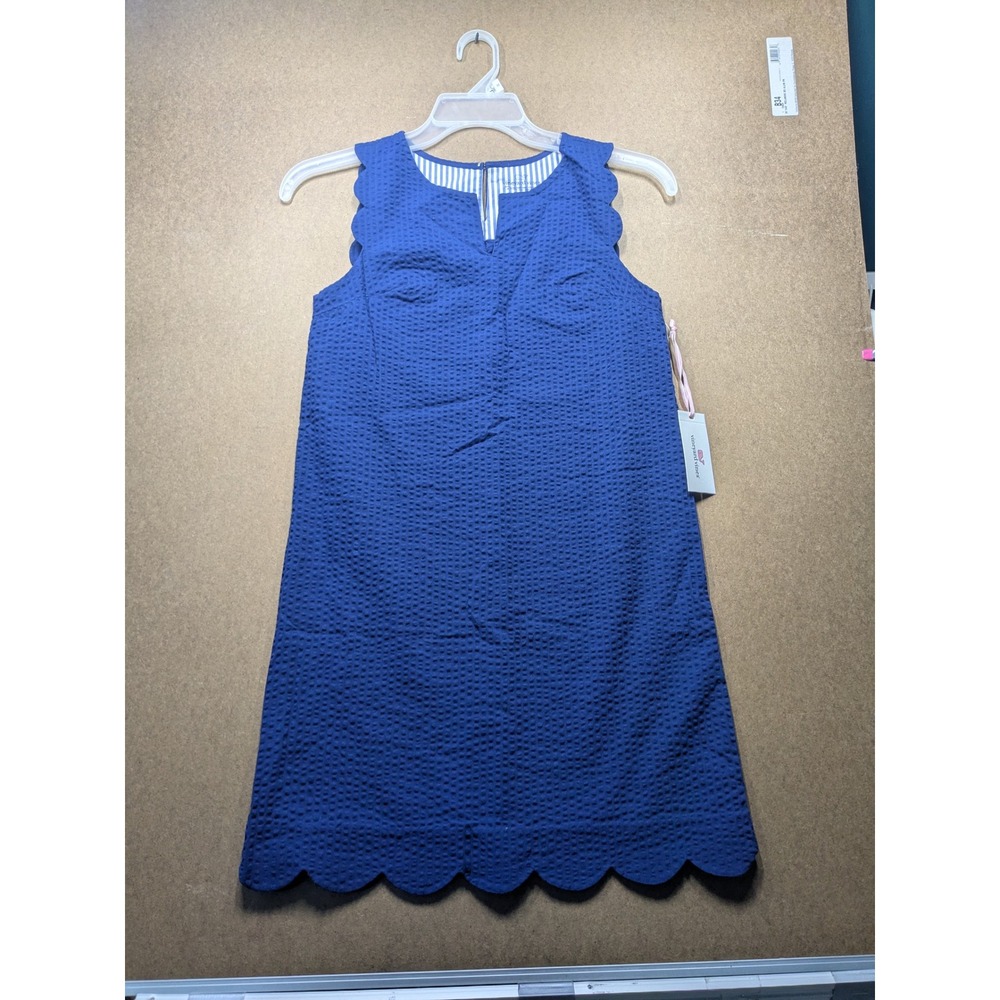 Vineyard Vines Girls Scallop Shift Dress Deep Bay Blue Seersucker 14 7Q001198